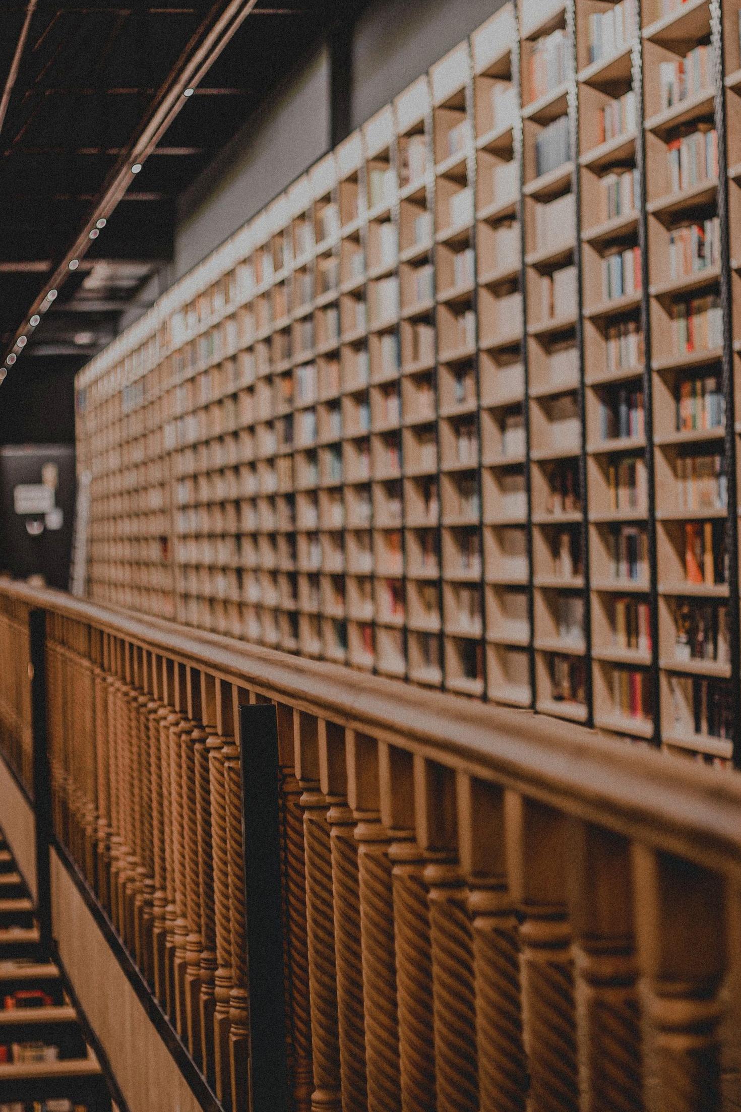 Extensive wooden bookshelves